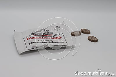 Original Fisherman`s Friend packet with white background Editorial Stock Photo