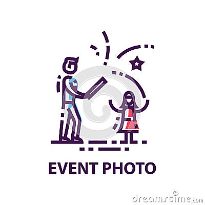 Original flat vector logo with man and girl launching fireworks. Event photo. Emblem in linear style Vector Illustration