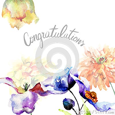 Original floral background with flowers and title Congratulation Cartoon Illustration