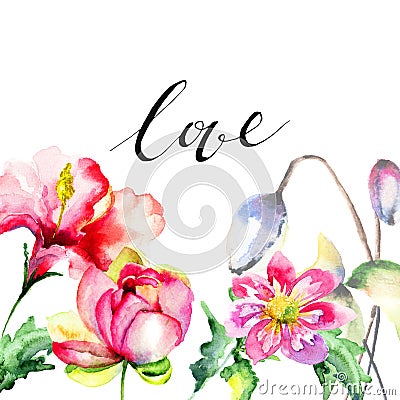 Original floral background with summer flowers and title Love Cartoon Illustration
