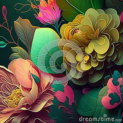 Original floral vibrant design with exotic flowers and tropic leaves. Colorful flowers on dark background Cartoon Illustration