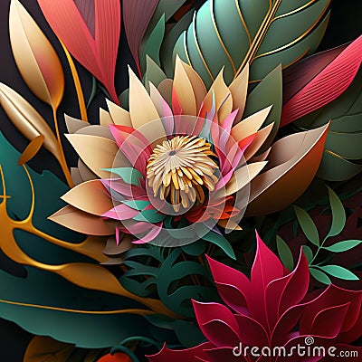 Original floral vibrant design with exotic flowers and tropic leaves Cartoon Illustration