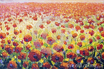 Original flower painting Field of red poppy wildflowers Stock Photo