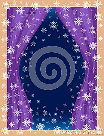 Original frame for photos and text. View of the room from the window. Openwork snowflakes on a blue background create a festive Cartoon Illustration