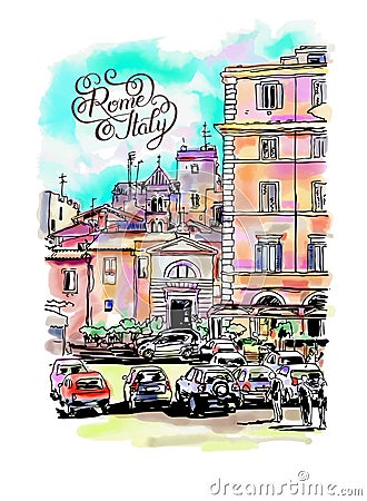 Original freehand watercolor travel card from Rome Italy with ha Vector Illustration