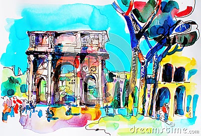 Original freehand watercolor travel card from Rome Italy, old it Cartoon Illustration