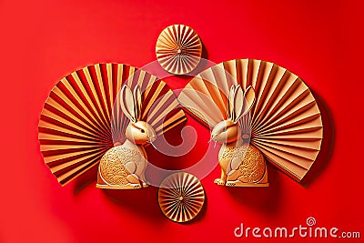 Original golden rabbit figurines with fan for Chinese New Year Stock Photo
