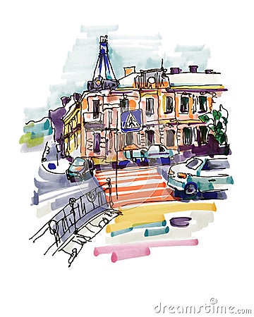 Original hand draw marker sketch of Kyiv building landscape Vector Illustration