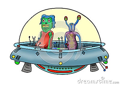 Original handrawn digital image of a wacky alien in a UFO Stock Photo