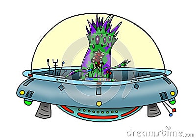 Original handrawn digital image of a wacky alien in a UFO Stock Photo