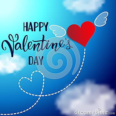 Original handwritten lettering Happy Valentine`s Day and flying winded heart Vector Illustration