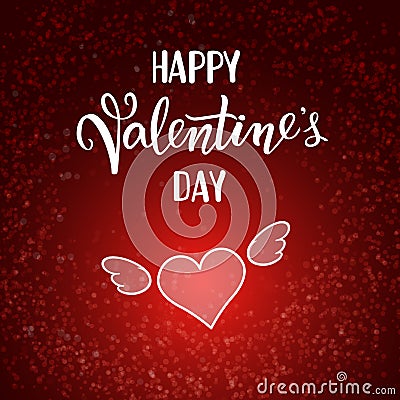 Original handwritten lettering Happy Valentine`s Day and flying winded heart Vector Illustration