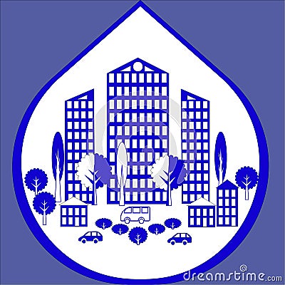 Original illustration, drop, city blue white, beautiful blue background, for posters Cartoon Illustration