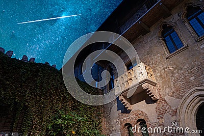 Original Juliet and Romeo balcony in Verona, Shakespeare, with a beautiful starry night Stock Photo