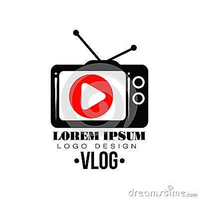 Original vector label with red play button on retro TV screen. Logo for your Youtube channel. Concept of web television Vector Illustration
