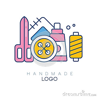 Original logo with accessories for sewing. Big spool, bobbin with threads, patch, scissors and button. Vector for Vector Illustration