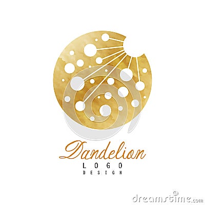 Original logo design of dandelion flower. Symbol of medical herb plant . Golden textured circular icon. Luxury vector Vector Illustration