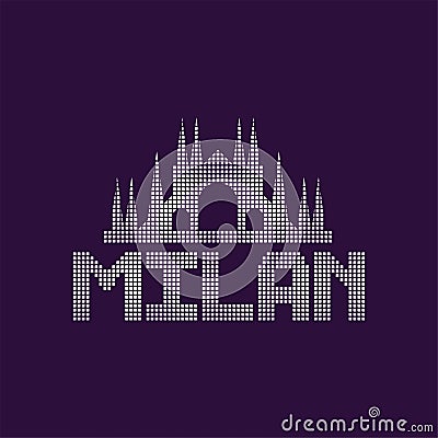 Original logo of Milan city with caption. Cathedral architecture, famous monument in Italy. Landmark icon. Graphic Vector Illustration