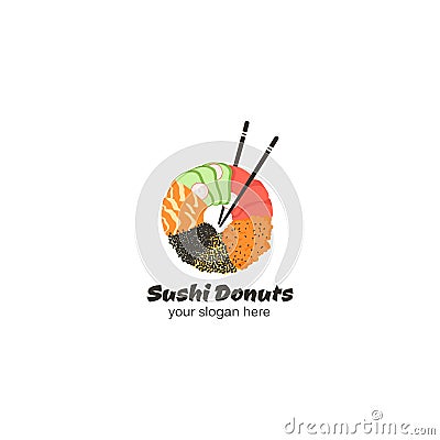 Original logo with sushi donuts and chinese sticks. Vector sign for sushi bar Stock Photo