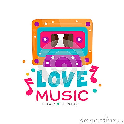 Original logo with bright-colored cassette and notes. Vector design for music store emblem, dance school promo poster or Vector Illustration