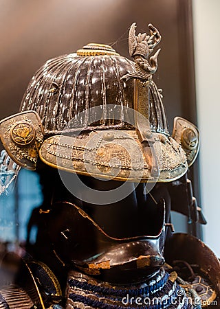 Original medieval japanese samurai armor yoroi in the museum. Samurai helmet.r Editorial Stock Photo