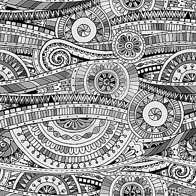 Original mosaic drawing tribal doddle ethnic pattern. Seamless background with geometric elements. Black and white version. Stock Photo