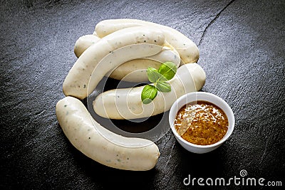 Original Munich white sausage with sweet mustard Stock Photo