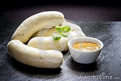 Original Munich white sausage with sweet mustard Stock Photo