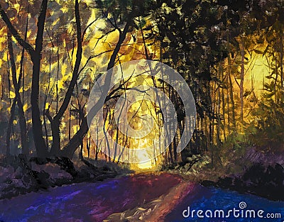 Painting Sunny Forest in Autumn Stock Photo