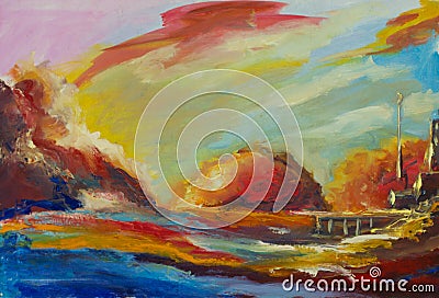 Original oil painting Abstract planets. Impressionism. Stock Photo