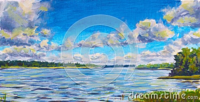 Beautiful purple river, Large clouds against blue sky, green river banks, Russian lake Original Oil Painting on canvas. Colorful Stock Photo