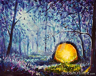 Handmade painting A bright yellow portal to another world in a mystical blue forest. Beautiful night forest art. Illustration, fai Stock Photo