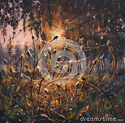 Original Oil Painting on canvas - colorful spider webs in grass painting - Modern impressionism art. Stock Photo