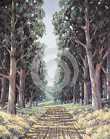 Original oil painting on canvas - Lane of sun-dappled tall eucalyptus trees next to country road in South Africa Stock Photo