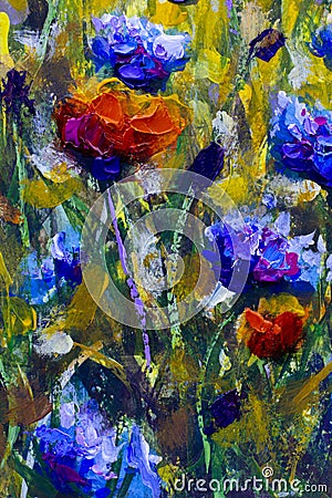 Original oil painting on canvas. Poppy flowers and cornflowers illustration. Cartoon Illustration