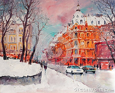Volodymyrska street in Kyiv - Original oil painting on canvas Stock Photo