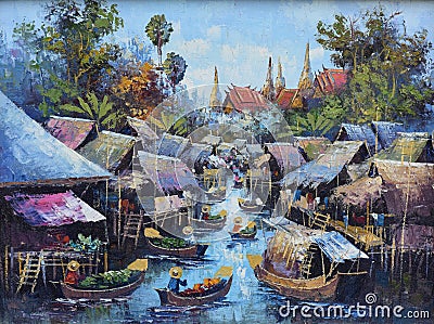 Original oil painting on canvas - waterside life Stock Photo