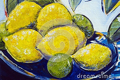 Original oil painting close up detail - lemons and limes Stock Photo