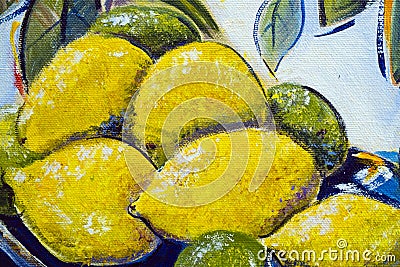 Original oil painting close up detail - lemons and limes Stock Photo