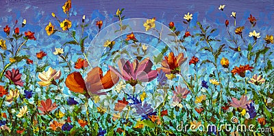 Original oil painting of flowers, beautiful field flowers on canvas. Modern Impressionism flower fine art. Stock Photo