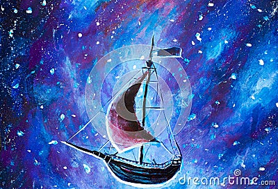 Painting Flying an old pirate ship. Sea ship is flying above starry sky. A fairy tale, a dream. Peter Pan. Illustration. Postcard. Stock Photo