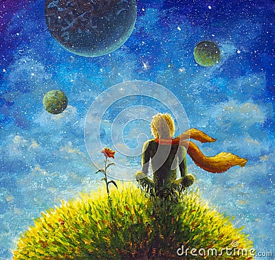 The Little Prince and the Rose on a planet in beautiful night sky. Stock Photo