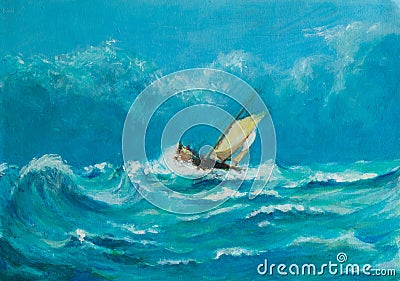 Original oil painting of lonely little sailing ship battling in Stock Photo