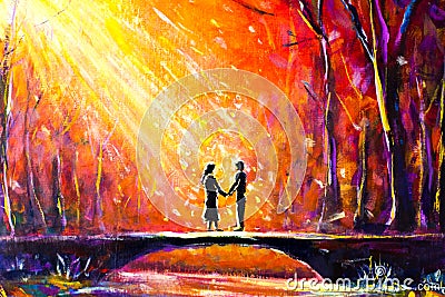 Lovers on bridge in woods at night. Romantic rays on lovers. Love. Romance. Secret love - colorful painting art. Stock Photo
