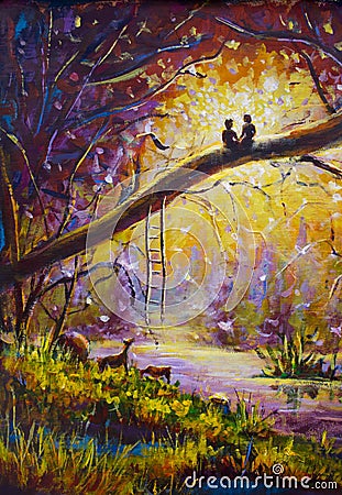 Original Oil Painting on canvas - guy and girl are sitting on branch in forest - Modern impressionism art. Stock Photo