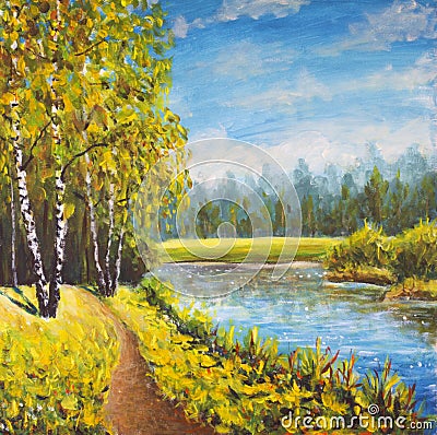 Original oil painting summer landscape, sunny nature on canvas. Beautiful far forest, rural landscape. Modern impressionism art Stock Photo