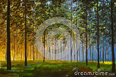 Sun in forest. Illustranion Green spring trees in forest. Beautiful magic landscape Stock Photo