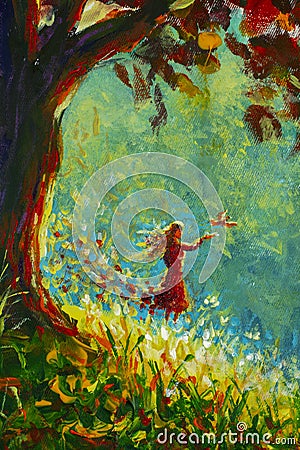 Original oil painting Symbol beauty of nature - girl woman in red dress releases pigeon bird from her hands. Big tree Cartoon Illustration