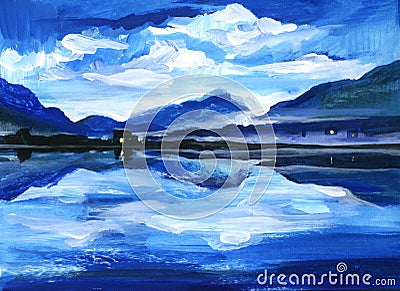 Original Oil Painting of the twilight on mountain lake. Altai Stock Photo