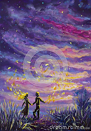 Original Painting abstract man and woman are dancing on sunset. Night, nature, landscape, purple starry sky, romance, love, feelin Stock Photo